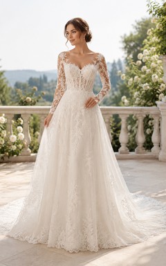 Robe de mariée en dentelle et tulle, coupe trapèze, bustier cœur, manches longues, traîne.