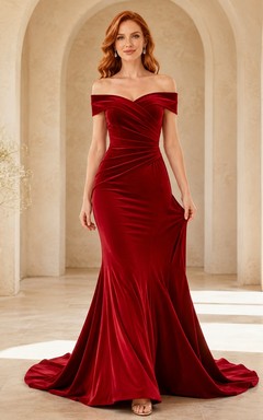 Claret Velvet Off-the-shoulder Mermaid Short Sleeve Ruched Sweep Train Evening Gown