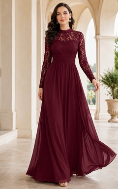 Burgundy Lace Jewel Neck Long Sleeve A-Line Evening Gown