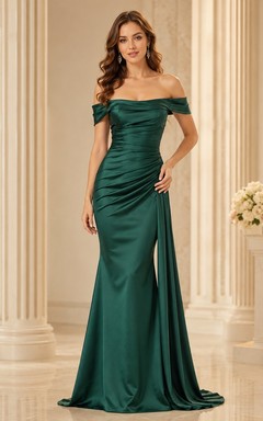 Emerald Off Shoulder Ruched Satin Mermaid Floor Length Formal Evening Gown