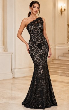 Black One-Shoulder Lace Mermaid Sweep Train Sexy Luxury Evening Gown