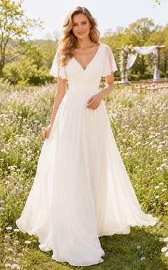 Flutter Sleeve Chiffon Meadow Ceremony A-Line Bridal Gown