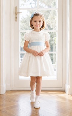 Vestido de niña de flores de satén color marfil con corte en A, mangas cortas abullonadas, escote joya y falda hasta la rodilla con detalles de lazos.