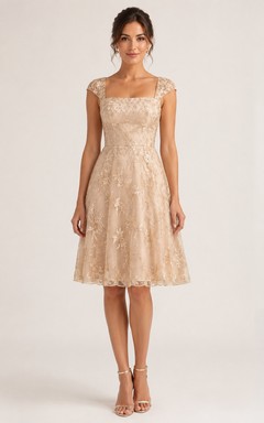 A-Linien-Hochzeitsgastkleid mit knielangem, eckigem Kurzarm und Spitze