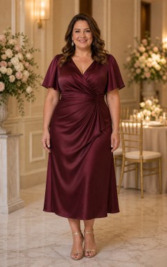 Plus Size Burgundy Satin V-neck Tea-Length Dress