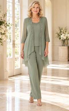 Modest Sage Beaded Three-quarter Sleeve Waterfall Mother Wedding Pantsuit