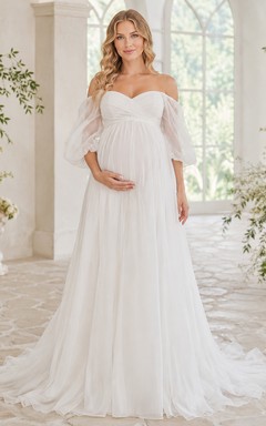 Maternity Wedding Dress Off-the-Shoulder Bell Sleeve Simple A-Line Garden Bridal Gown