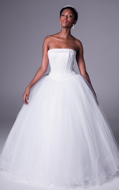 Ball Gown Maxi Strapless Sleeveless Embroidered Tulle Wedding Dress