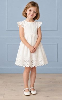 Simple Modest Ivory Knee-length Jewel Angular Flutter-sleeved Dense Daisy-Eyelet Scalloped-hem Gathered Zipped Flowergirl Dress