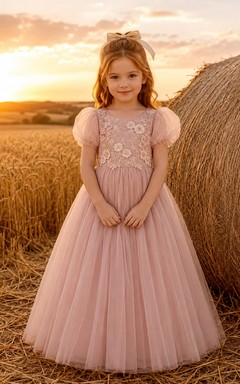 Blumenmädchenkleid aus perlmuttrosa Tüll, A-Linie, Puffärmel, Rundhalsausschnitt, bodenlang