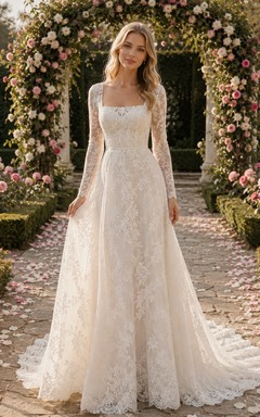 Square Neck Long Sleeve Lace Garden Train Bridal Gown