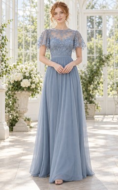 Robe de demoiselle d'honneur en mousseline de soie et dentelle bleu acier, col illusion et manches papillon, style western