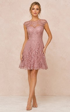 Mini-Abendkleid in Altrosa mit Schmuckkragen, kurzen Ärmeln, Glitzertüll und Spitze in A-Linie