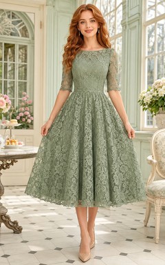 Sage Half Sleeve Bateau Lace Tea Room Midi Dress