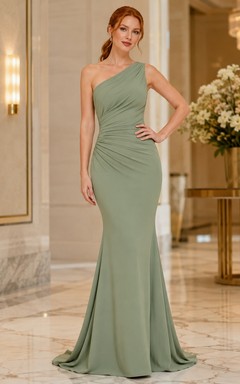 Mermaid Sage Green One-Shoulder Ruched Jersey Floor-Length Modern Formal Gown