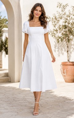 Courtyard Poise White A-Line Tea-Length Square Short-Sleeve Satin Simple Guest Dress
