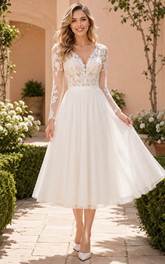 Romantic Civil Tulle A Line V Neck Long Lace Sleeve Tea Wedding Dress