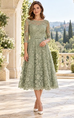 Tea-length Sage Bateau Three-Quarter Sleeve Lace Wedding Guest Dress