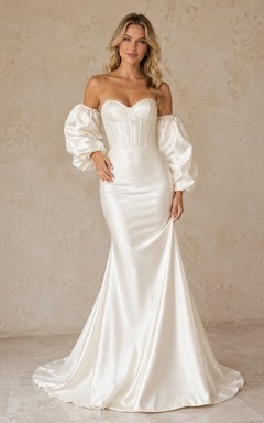 Vestido de novia largo hasta el suelo con corsé abullonado desmontable y mangas largas estilo sirena
