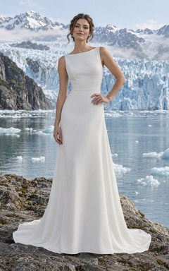 Vestido de novia moderno de crepé con escote barco y largo hasta el suelo con botones en la espalda