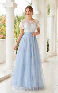 Vestido de invitada romántico de corte A con mangas de encaje corto y tul en azul cielo joya