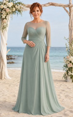 Mother of the Bride Sage Chiffon A-Line Three-Quarter Sleeve Sweetheart Neckline Floor-Length Dress with Ruching
