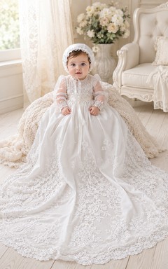 Luxury Modest Baby Baptism Christening Ceremony Gown Ball Gown Floor-Length Chapel Train Jewel Neck Long Sleeve Tulle Lace Button Back