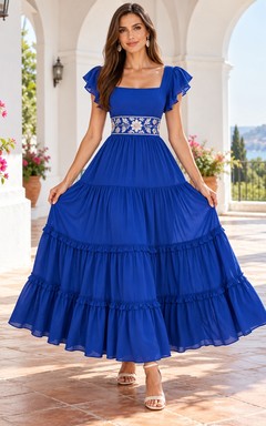 Square Neck Cumbia Royal Blue Flutter Floral Sash Tiered Dress