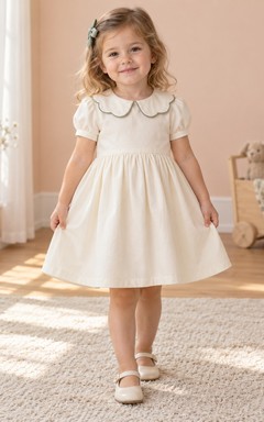 Modest Cream Knee Length Broad Scalloped Collar Small Puff Sleeve Satin Flower Girl Dress