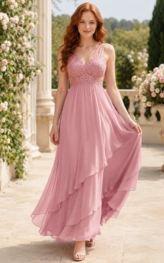 Dusty Rose Empire V-Neck Lace Tiered Chiffon Floor-Length Guest Dress