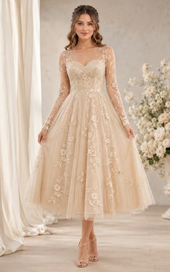Champagne Sweetheart Long Sleeve Lace A-Line Midi Dress