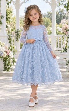 Vestido de niña de flores de manga larga, estilo modesto, azul, con estampado floral y lazo en la espalda.