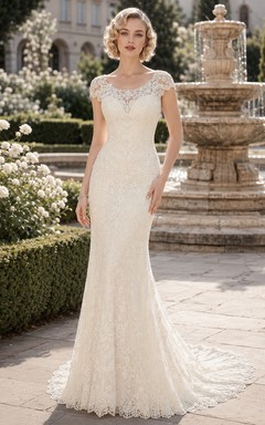 Vestido de novia de corte recto estilo Gatsby con mangas cortas y encaje integral, estilo jardín.