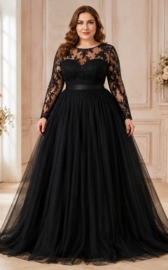 Plus Size Black Long Sleeve Lace Tulle Ball Gown Floor-Length Formal Dress