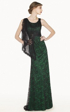 Scoop Neck Sheath Long Allover Lace Prom Dress With Shoulder Side Drape