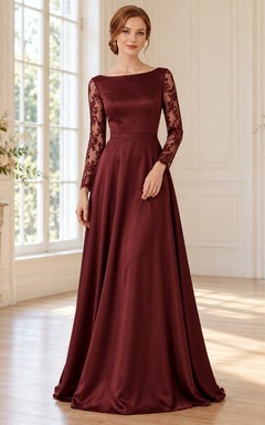Vestido de dama de honor vintage de satén con encaje y escote barco, manga larga, color burdeos, estilo barco, corte A