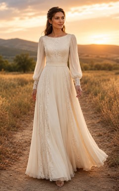 Country Lace Wedding Dress A-Line V-Neck Long Sleeve Chapel Train Bridal Gown