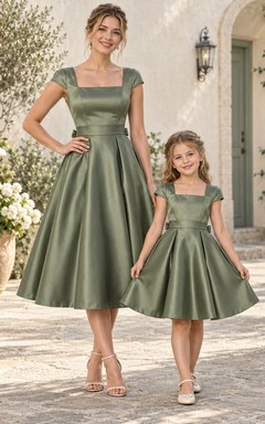 Robe assortie pour la mère, en satin vert à col carré et manches courtes, longueur thé, col rond, manches courtes.