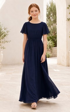 Dark Navy Junior Bridesmaid Dress A-Line Jewel Short Sleeve Petal Chiffon Elegant