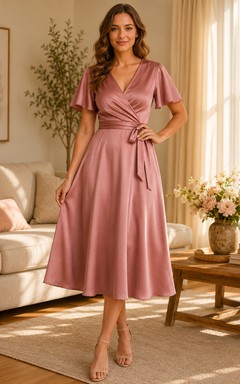 Altrosafarbenes Wickelkleid aus Satin mit V-Ausschnitt und flatternden Ärmeln, Midi-Länge