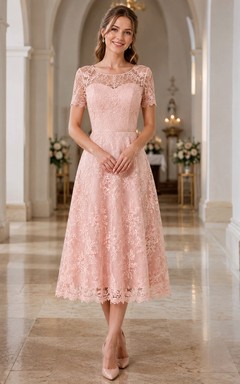 Blush Bateau Short Sleeve Lace A-Line Tea-Length Romantic Ceremony Dress