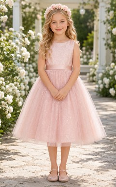 Blumenmädchenkleid aus rosafarbenem Tüll, A-Linie, Rundhalsausschnitt, Teelänge, plissiert