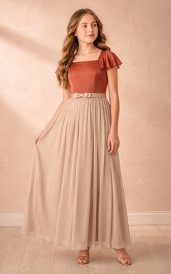 Papayafarbenes Brautjungfernkleid für junge Damen, A-Linie, eckig, kurze Ärmel, Rüschen, romantisch