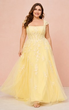 Yellow Plus Size Square Neck Lace Studio Bridal Gown