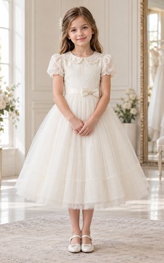 Tea-length Vintage Ivory A-line Lace Tulle Collared Puff-sleeve Flower Girl Dress