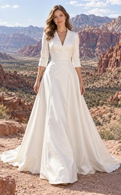 Vestido de novia sencillo de satén tejido con cuello, escote en V, manga tres cuartos y corte en A.