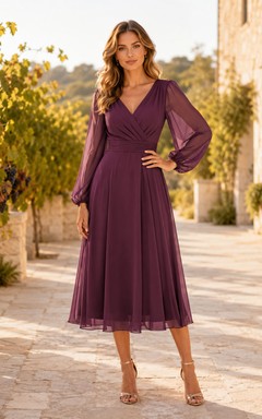 Plum V Neck Poet Sleeve Chiffon Tea Length Guest Dress