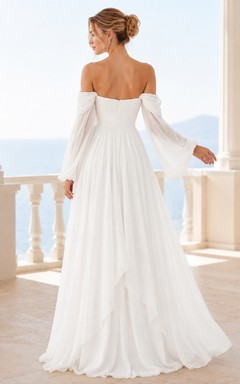 Minimal Square Neck Long Sleeve Satin Sheath Wedding Gown