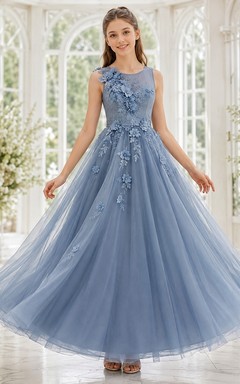 Vestido de dama de honor juvenil azul acero, vestido de gala, joyas, sin mangas, tul, apliques florales, romántico