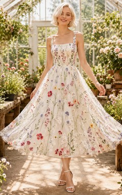 Colorful Floral Embroidered Tea Length Greenhouse Elopement Dress